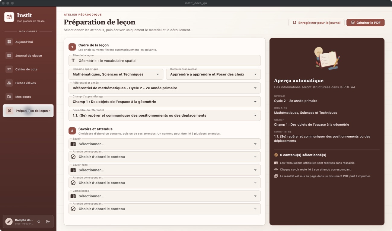 Préparation de leçon dans Instit